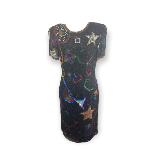 VTG Sequin Beaded Star Abstract Print Dress Sz S